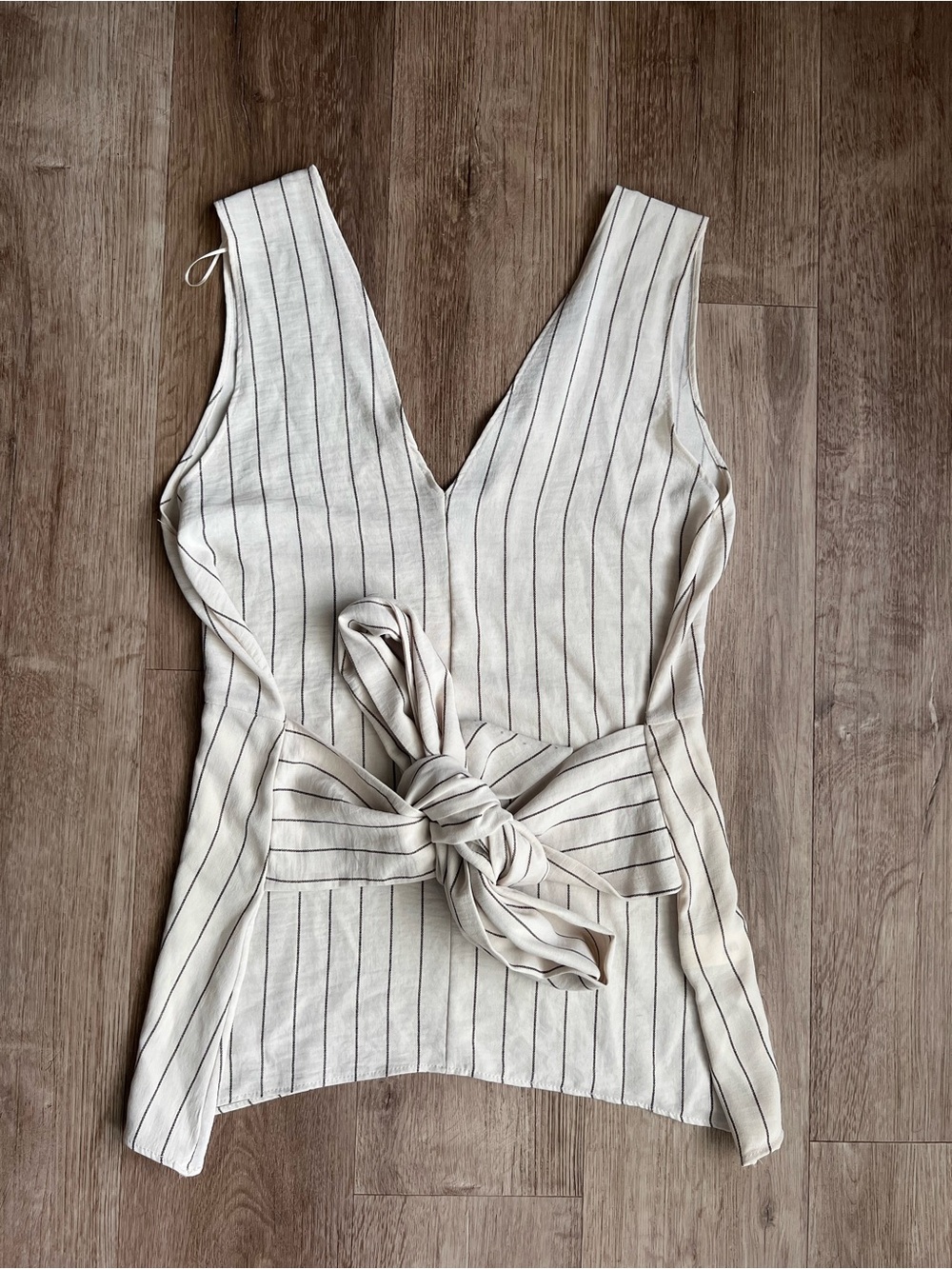 Zara Sleeveless Cream Stripe Tie-Waist V-Neck Top